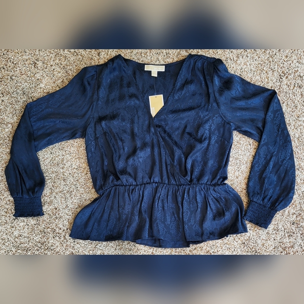 MICHAEL MICHAEL KORS Womens Dark Blue Faux Wrap Peplum Top - Size L (NWT) - Picture 4 of 9